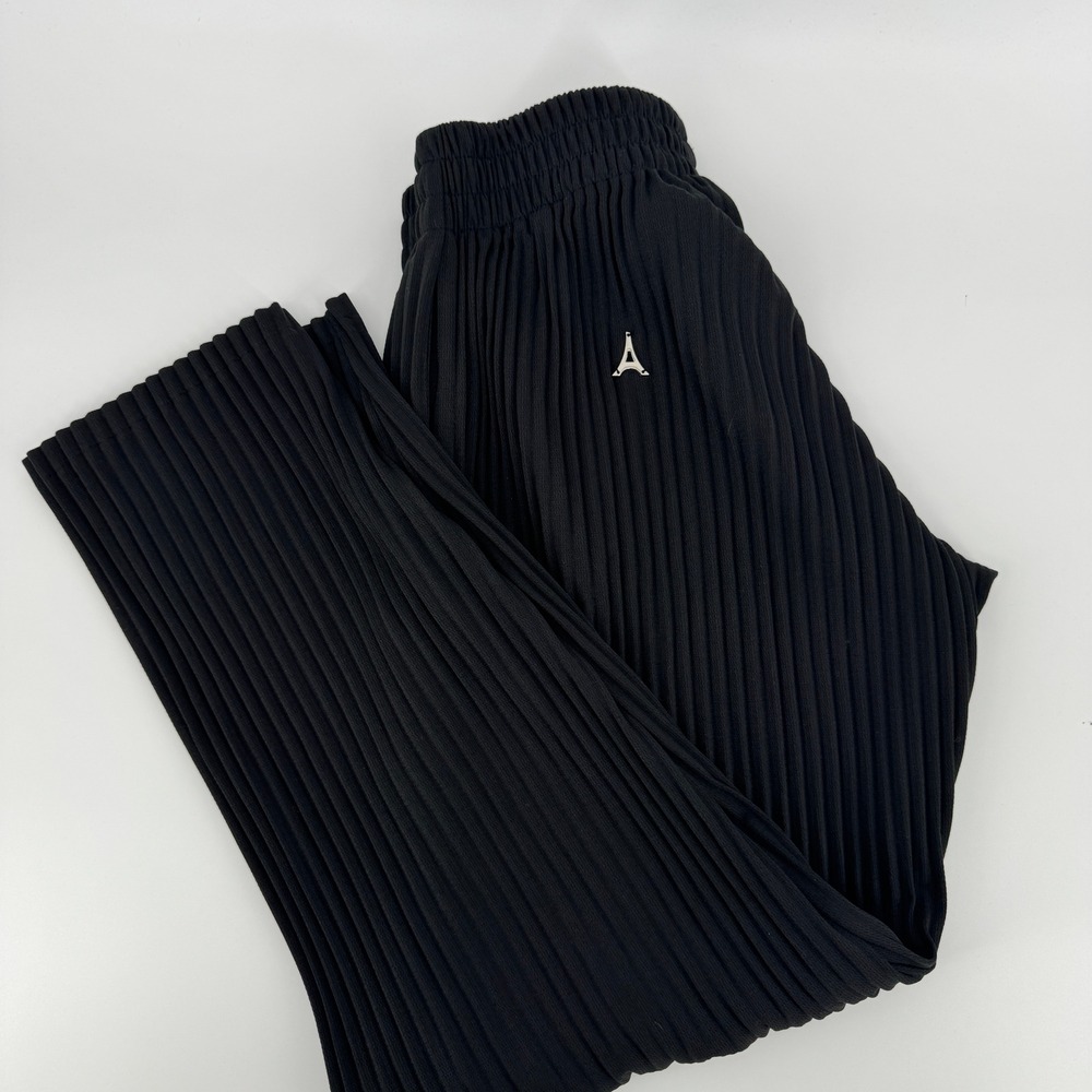 Maniere De Voir XS/S Black Pleated Lounge Pants Eiffel Tower Logo Elastic Waist